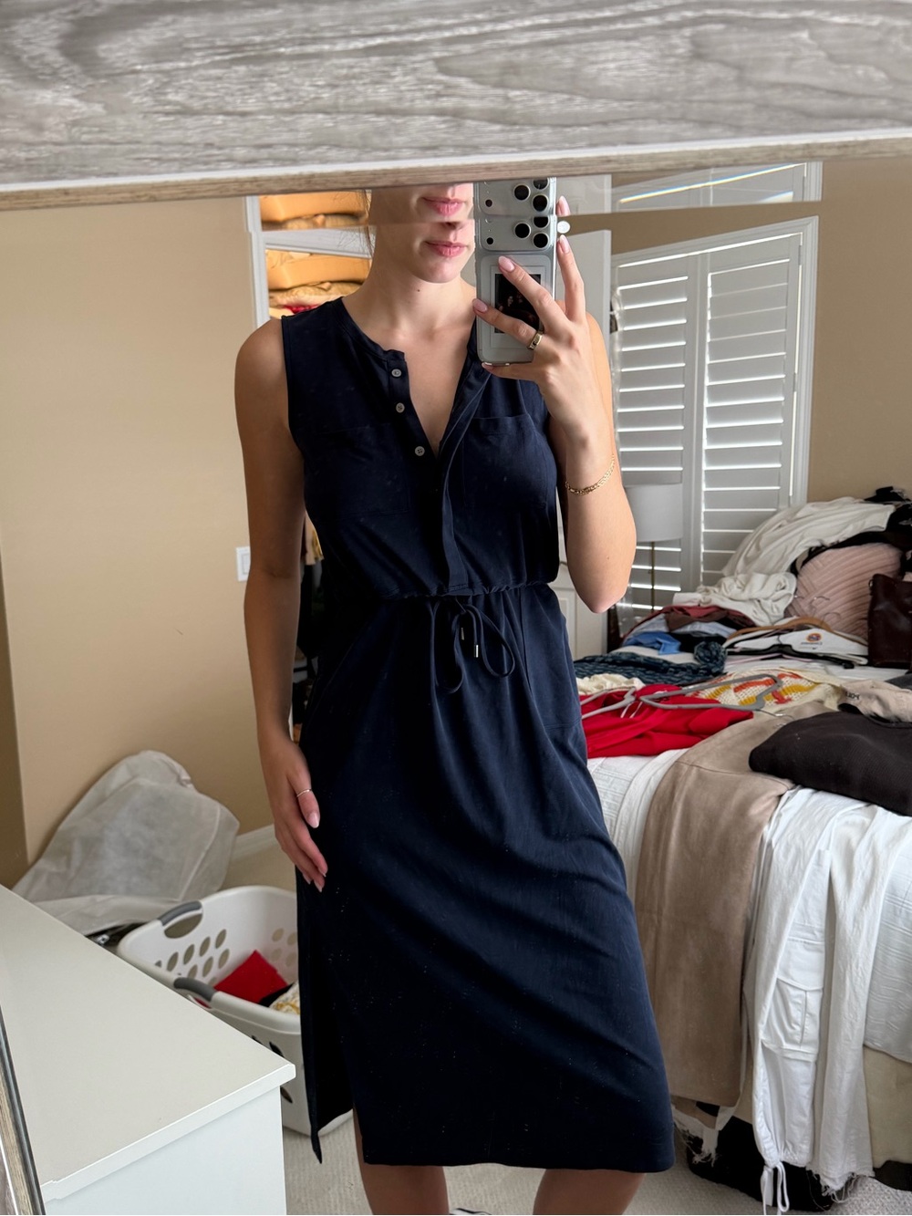 Lou & Grey Navy Sleeveless Henley Drawstring Midi Dress
